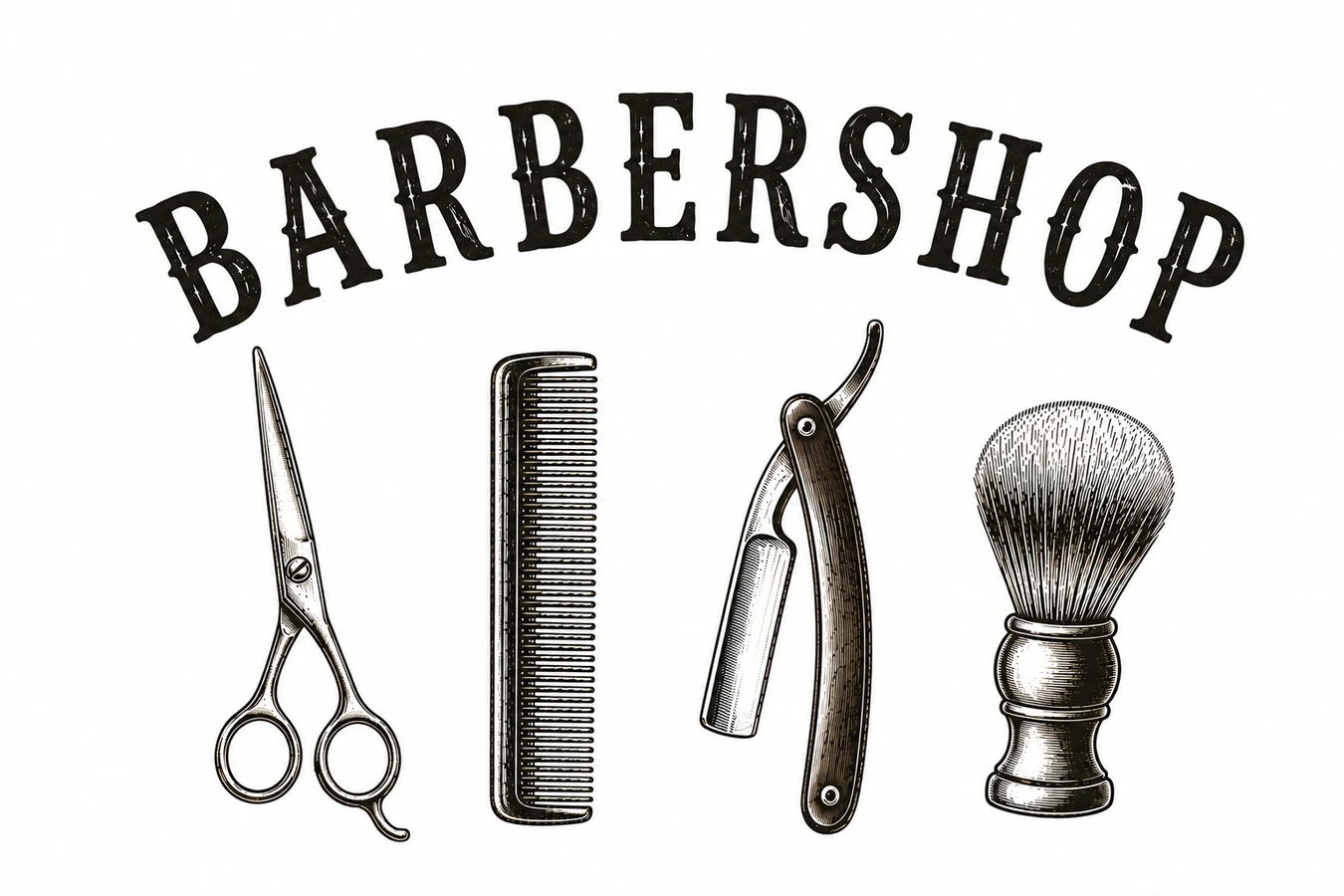 Vintage Barbershop ilustracija sa škarama, češljem, britvom i četkom